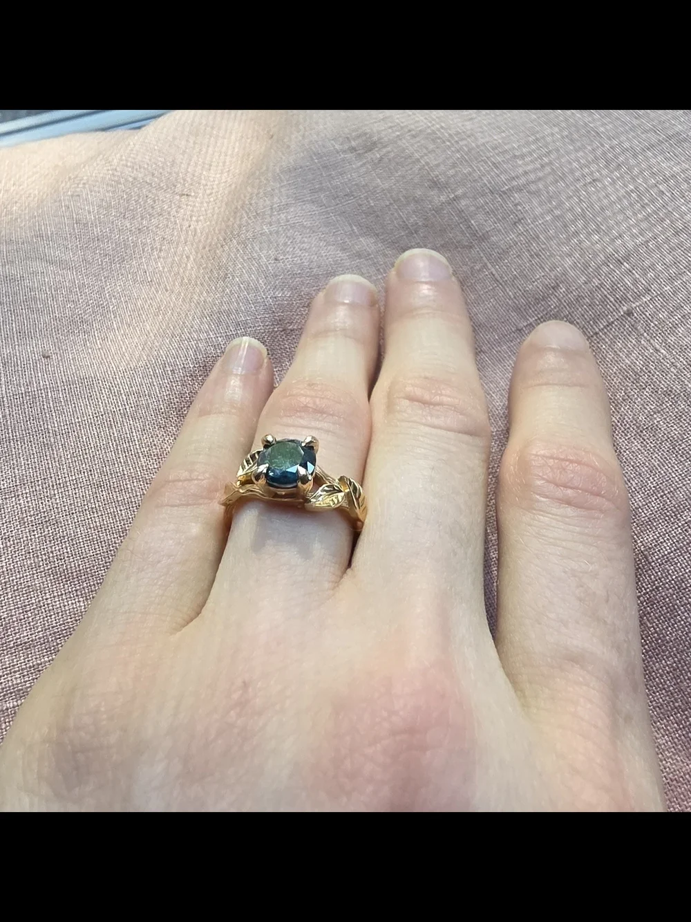 Gold Leaf Band Ring with Deep Teal Gemstone